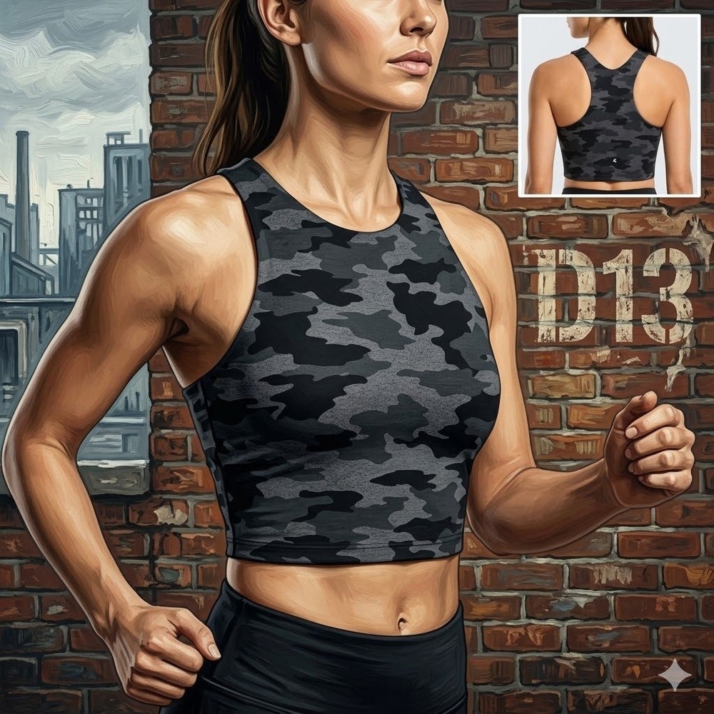 Kyodan Womens Camo High Neck Racerback Crop Top Gray‎ Black Medium